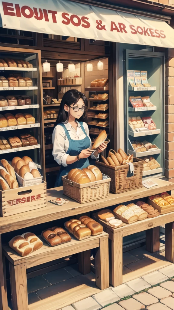 In front of the shop, bread, glasses of milk, various snacks on the table. 