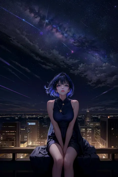 1girl,solo,cool,brilliant eye,outdoor,building,rooftop,sitting, look up at the sky,faw away,at night,octans,starry sky,milky way...