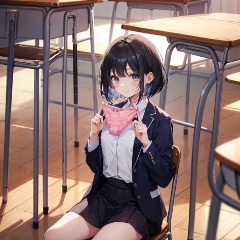 (masterpiece, 4K resolution, Super realistic, very detailed), girl、、12 years old、blazer、sit on a chair、classroom、Holding pink pa...