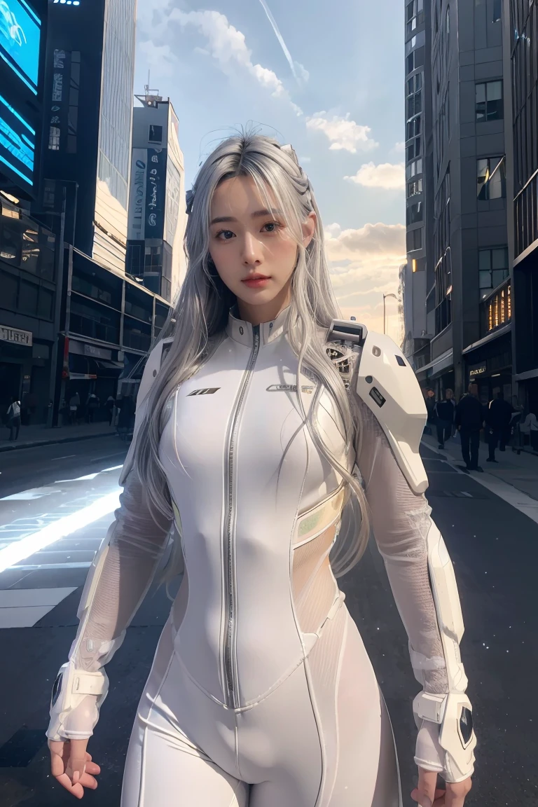 ((masterpiece, best quality, extremely detailed), volumetric lighting, ambient occlusion, colorful, glowing), 
1girl, solo, young girl, (silver hair), long hair, halo, aura, sacred, goddess, cyber suit, (white outfit:1.3), 
outdoors, sunset, sky, clouds, space, (cyberpunk theme:1.2),