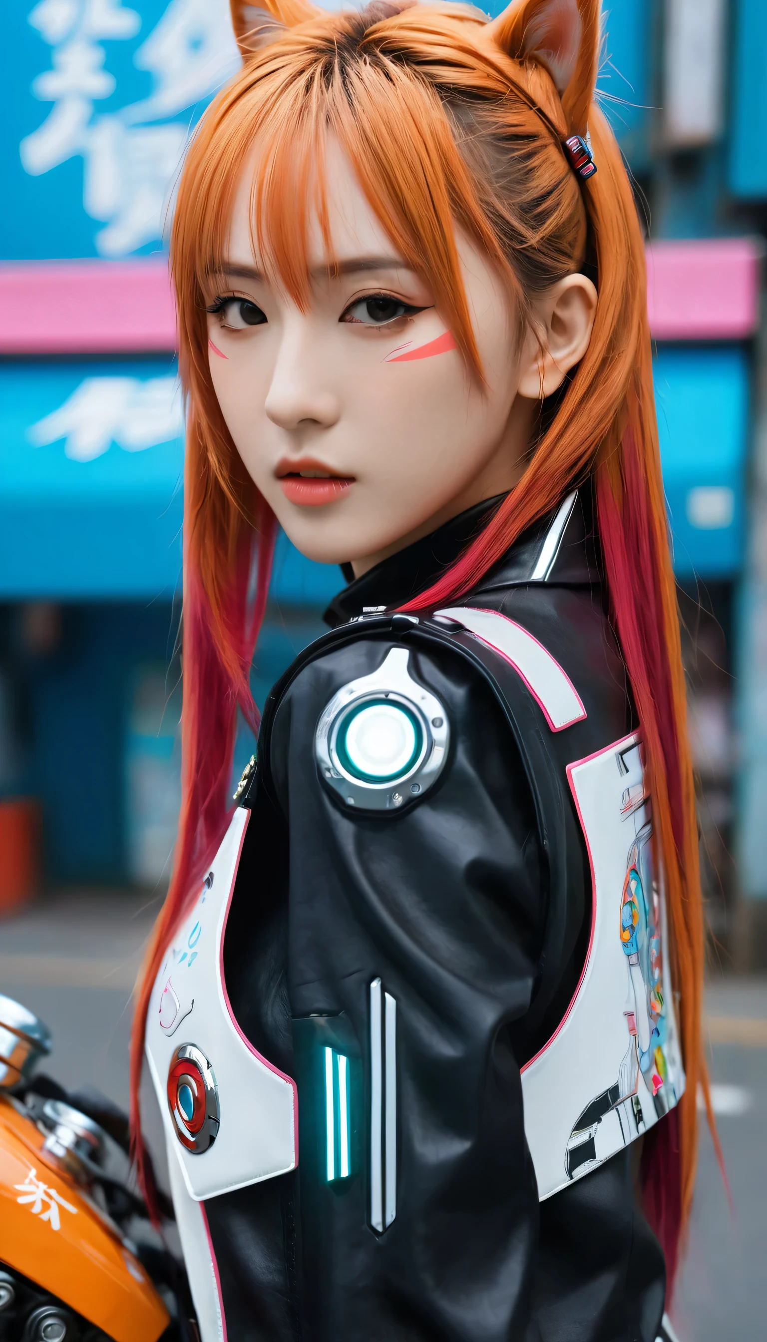 Realistic, asuna yuuki, ultra detail,master part, best qualityer, Confident cyberpunk girl, full body shot shot, ((Stand in front of the motorcycle)), Popular non-Harajuku style costumes, bold colors and patterns, Attractive accessories, modern and innovative hairstyle, vibrant makeup, Cyberpunk&#39;s stunning cityscape, sky scraper, neon signs, led lights, bright, vivid color scheme, Anime big breast, illustration, Detailed texture skin, detailed cloth texture, beautiful and detailed face, details Intricate, ultra detaild.