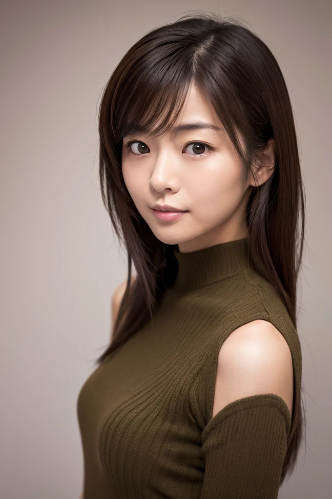 masterpiece, high quality, High resolution, high qualityの, A realistic portrait of a skinny Japanese woman in her 30s shrugging her shoulders in embarrassment. Her cheeks should be a little red., She hesitated shyly.. Her shoulders are slightly raised, Her body language conveys shyness and modesty.. She has light brown eyes, Brunette Hair, simple, Sexy Costumes. Keep the background neutral and soft, Accentuate her facial expression and pose.