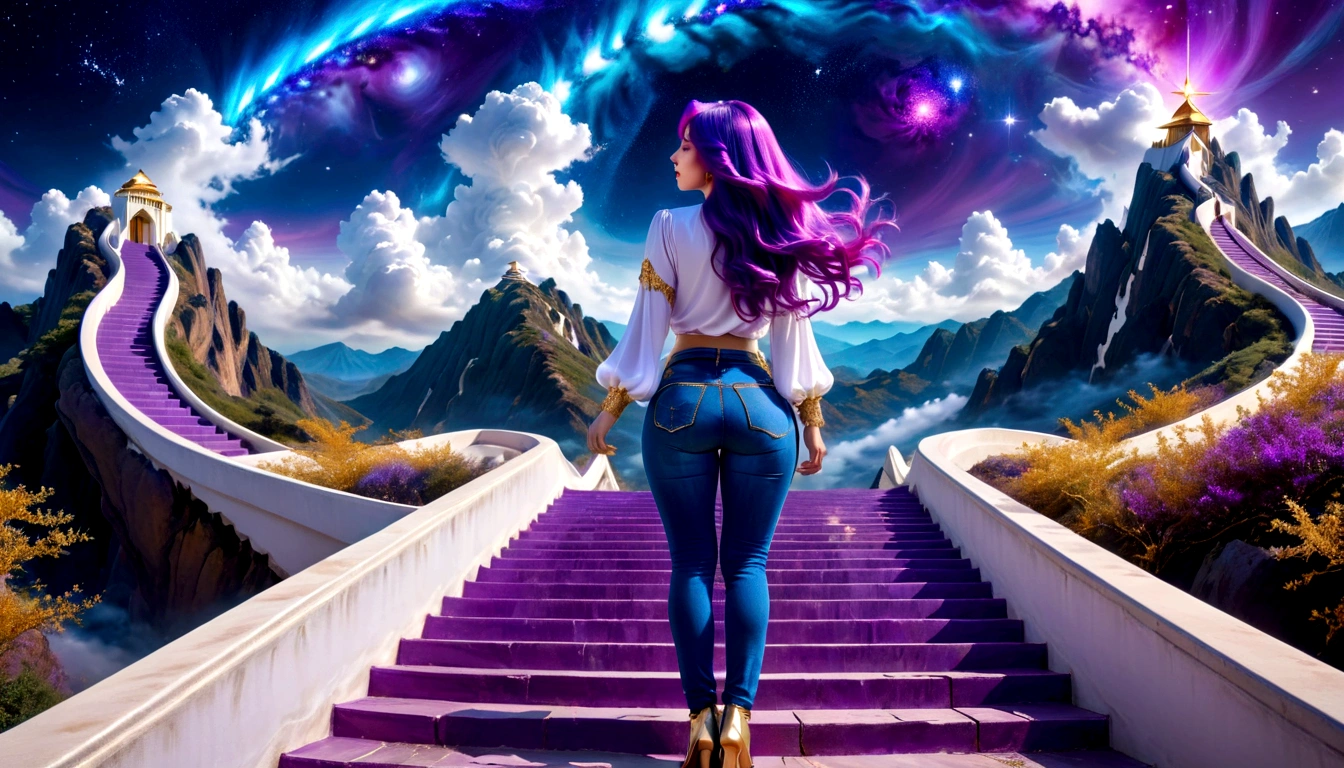 hdr, best image, 8k, image in dark neon blue, and violet, A BEAUTIFUL WOMAN, view from behind, beautiful blouse, jeans, LONG purple HAIR, Wide ramp of steps, ivory white and gold, going down, TOWARDS TO THE INFINITY OF THE HEAVENS, stars of the cosmos, universe, clouds. giant mountain