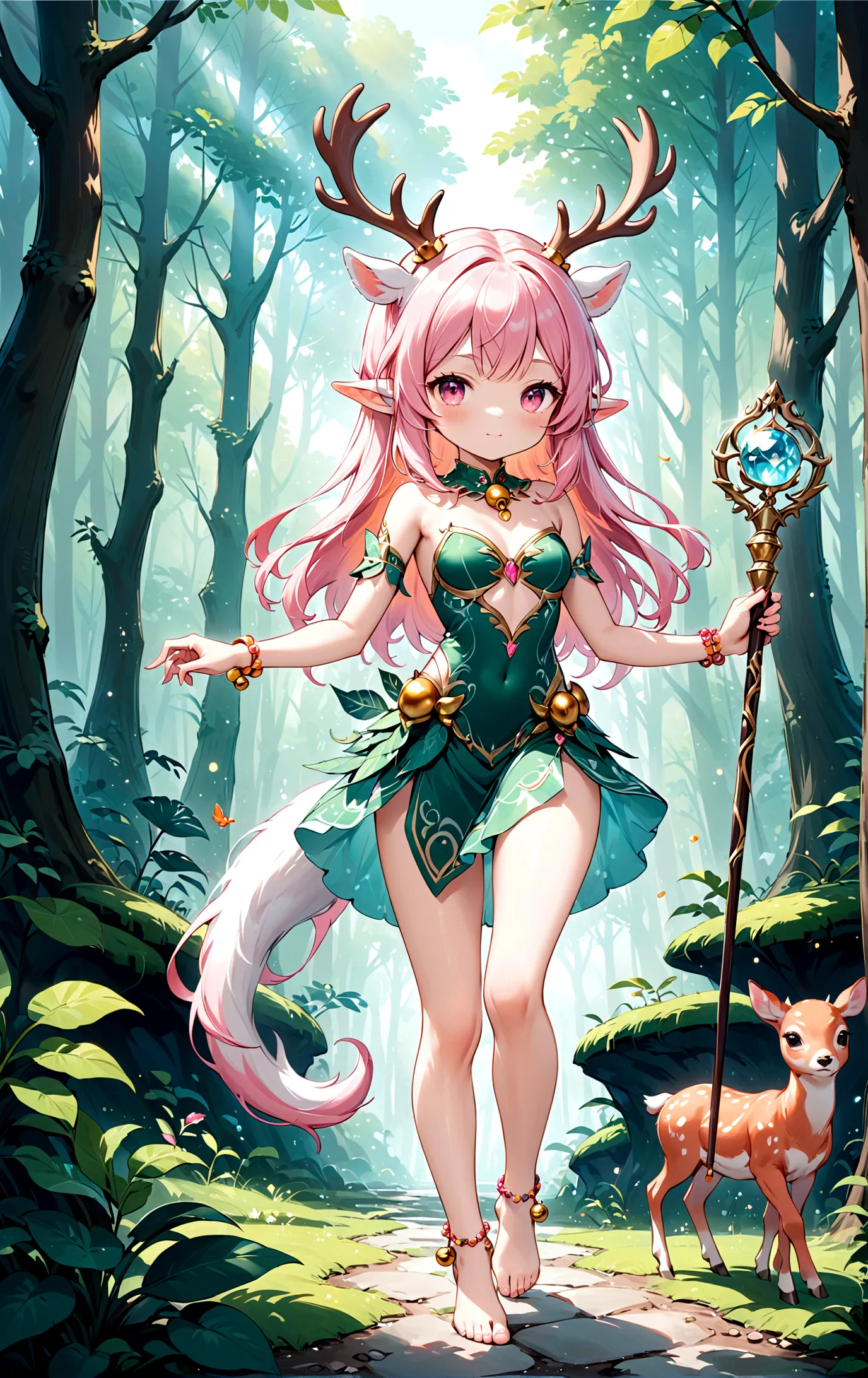 game character，Cartoon anime style，beautiful girl，Cute expression，Fluffy pink hair，Pink Eyes，Cute pink deer antlers，Elf ears，Ora...