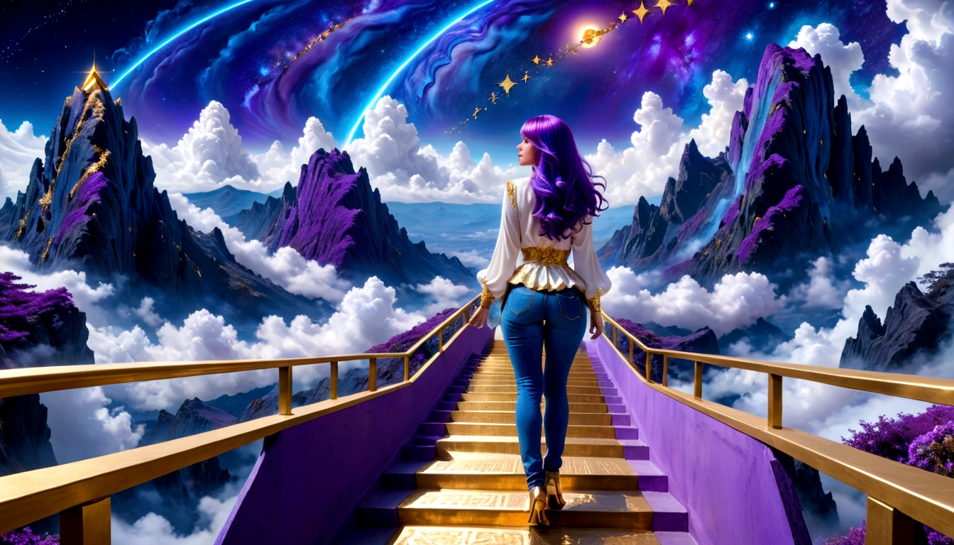 hdr, best image, 8k, image in dark neon blue, and violet, A BEAUTIFUL WOMAN, view from behind, beautiful blouse, jeans, LONG purple HAIR, Wide ramp of steps, ivory white and gold, going down, TOWARDS TO THE INFINITY OF THE HEAVENS, stars of the cosmos, universe, clouds. giant mountain