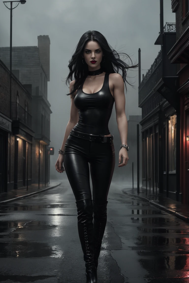 Full body shot a beautiful 25 years old British female vampire, long black hair, green eyes, red lips, muscular body, tight black sleeveless tank top with a deep neckline and black leather tight pants, mid-thigh black leather boots with bird heels view from front, waist up shot, dynamic pose, dark gloomy foggy night in victorian era london, desolate deserted street scene, epic mood, dark shadows, fog, rain, lightning, background foggy, eerie shadow detailed high resolution digital photo