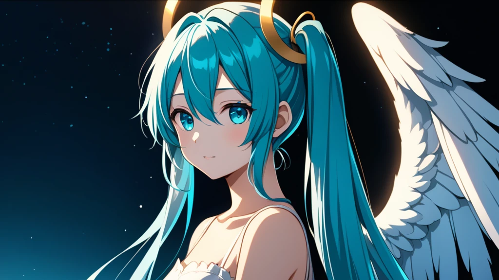 masterpiece, Best quality, Hatsune Miku, White dress, Angel, Angel wings, golden halo, dark background, upper body, closed mouth, Looking at the viewer, hands behind your back, blue theme, night, A high resolution, 4K, 8 k, complex part, Cinematic lighting, amazing quality, amazing shading, soft lighting, detailed illustration, anime style, wallpaper
