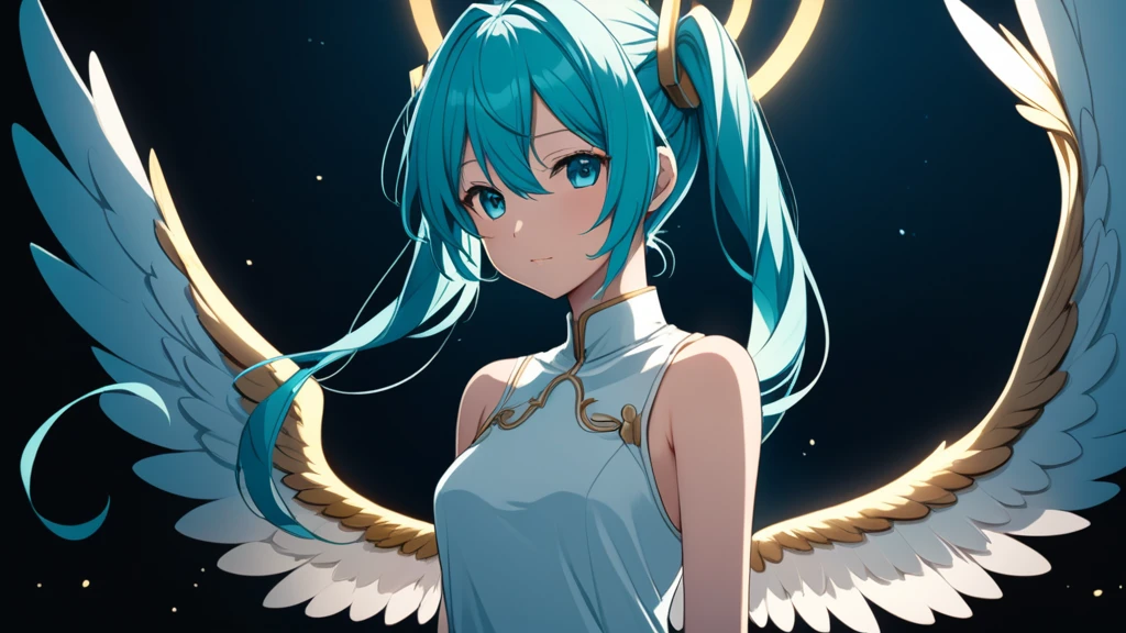 masterpiece, Best quality, Hatsune Miku, White dress, Angel, Angel wings, golden halo, dark background, upper body, closed mouth, Looking at the viewer, hands behind your back, blue theme, night, A high resolution, 4K, 8 k, complex part, Cinematic lighting, amazing quality, amazing shading, soft lighting, detailed illustration, anime style, wallpaper
