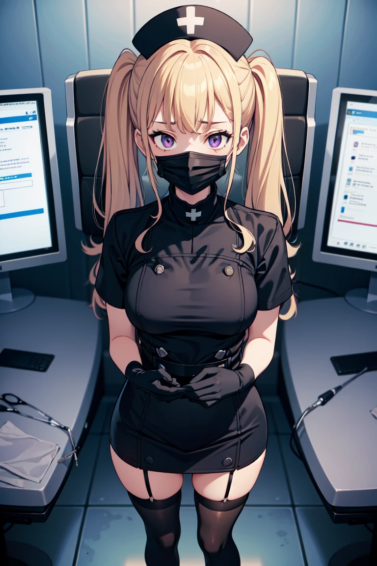 black nurse, 1girl, solo, black nurse cap, black nurse uniform, ((black legwear, zettai ryouiki)), black elbow gloves, twintails, yellow hair, purple eyes, ((black surgical mask, covered nose)), standing, ((surgery room)), sharp outline, short sleeves, best quality, masterpiece