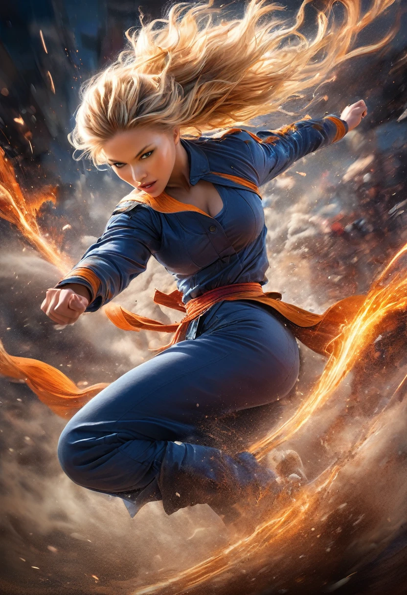 (best quality,4k,8k,highres,masterpiece:1.2),ultra-detailed,(realistic,photorealistic,photo-realistic:1.37),hyperrealistic,hyper detailed,cinematic lighting,volumetric lighting,dramatic shadows, A beautiful goddess of strength, blonde bombshell, master of martial arts, explosive anger, unleashing ki energy strike, telekinetic powers, in a high octane action pose, chaotic battlefield, inspired by Yoshitaka Amano, moody atmosphere,vibrant colors,glowing energy,dynamic movement,powerful expression,flowing hair,toned muscular body,flowing fabric,shattered ground,debris,smoke,energy sparks,dark cloudy sky