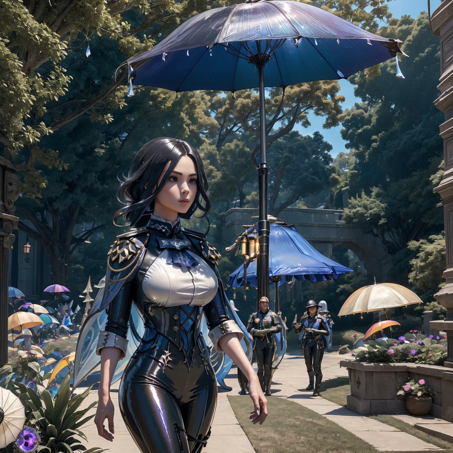 Unreal Engine 5 Realistic Rendering, cosplayer, Race Queen、Uniform with logo、 ((Giant circuit parasol)), Exquisite beauty、Beautiful face, Body shape of slim model, Shiny skin, wet shiny body, shorth hair, , dense black skin, neons、Lower grade、Large crowds、Spectators、 Ultra-realistic latex