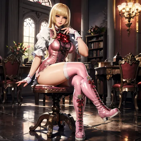 masterpiece, best quality, pink thighhighs, blonde hair, crossed legs, boots, thick thighs,