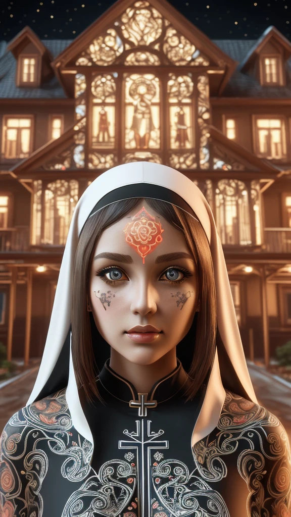 3d beautiful girl icon of (Woman, solo, house, cute, ((stunning background)), intricate, high detail, 8k, loose hair, (fascinset art style:1.3)), anime hyperrealistic 3d, cel shaded, painterly style, digital art, masterpiece, night scene, orange glowing tattoos on face, evil nun