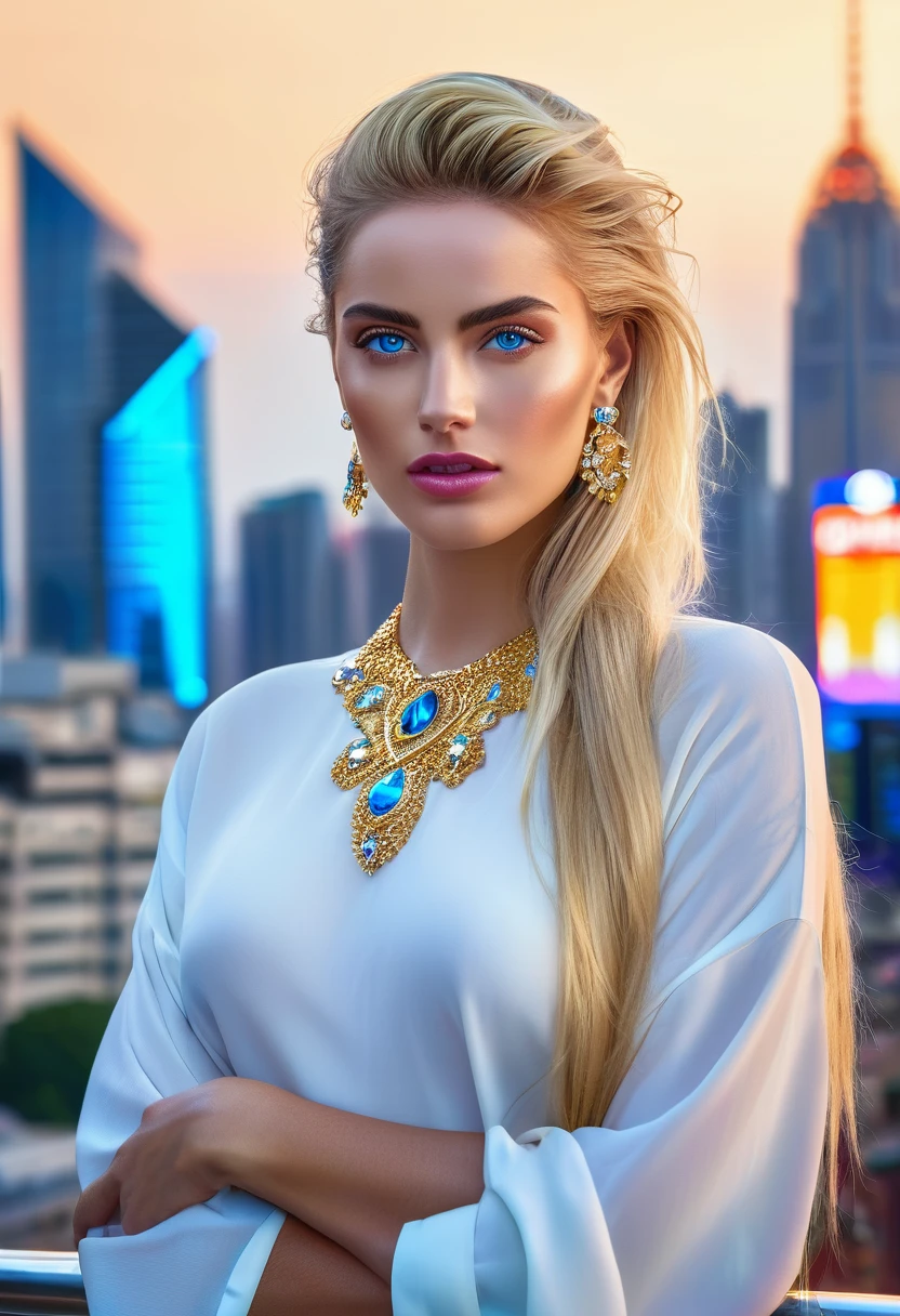 uma mulher espanhola deslumbrante com cabelos dourados e olhos azuis penetrantes, wearing modaable clothing and jewelry, standing in front of a luxurious paisagem urbana with skyscrapers and neon billboards, (melhor qualidade,4K,8K,alta resolução,Obra de arte:1.2),ultra-detalhado,(realista,photorealista,photo-realista:1.37),retrato,fotografia,iluminação cinematográfica,ambiente detalhado,cores vivas,moda,luxo,paisagem urbana