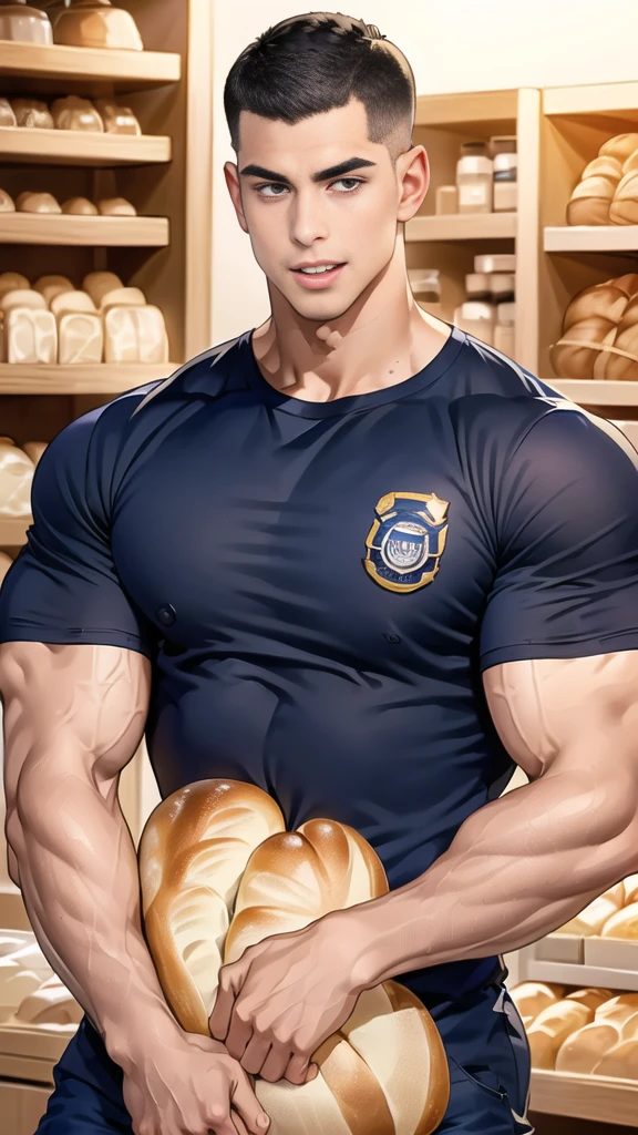 (handsome Man),(crew cut short hair:1.8),black eye,(Wear a fitted round neck t-shirt in navy with a police badge.:1.5),(fit neck),Navy blue jeans,(black_gloves:1.2), Korean guy,chest muscles,large arm muscles,blood vessel,Big muscles,Broad shoulders, (open mouth:1.2),(face up:1.2),(open eyes:1.5), middle of the road,smile, In the bread shop, (bread in hand)