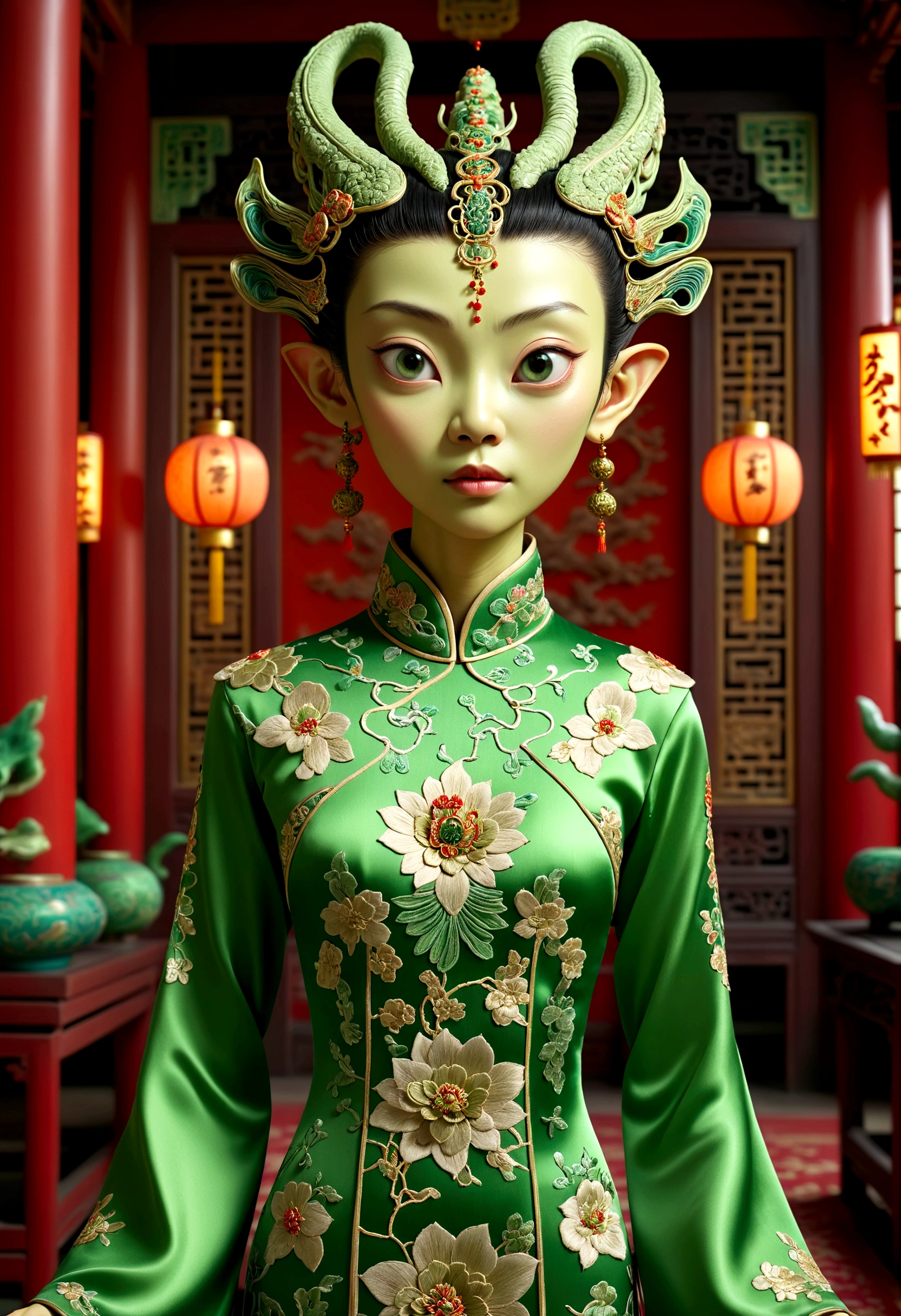 une créature extraterrestre,robe cheongsam complexe,chambre royale asiatique,peau verte,à peine humanoïde,extrêmement détaillé,Photoréaliste,ultra-détaillé,chef-d&#39;œuvre,8k,art primé,Éclairage dramatique,Décor orné,objets anciens,mobilier opulent,broderie en soie,architecture traditionnelle chinoise
