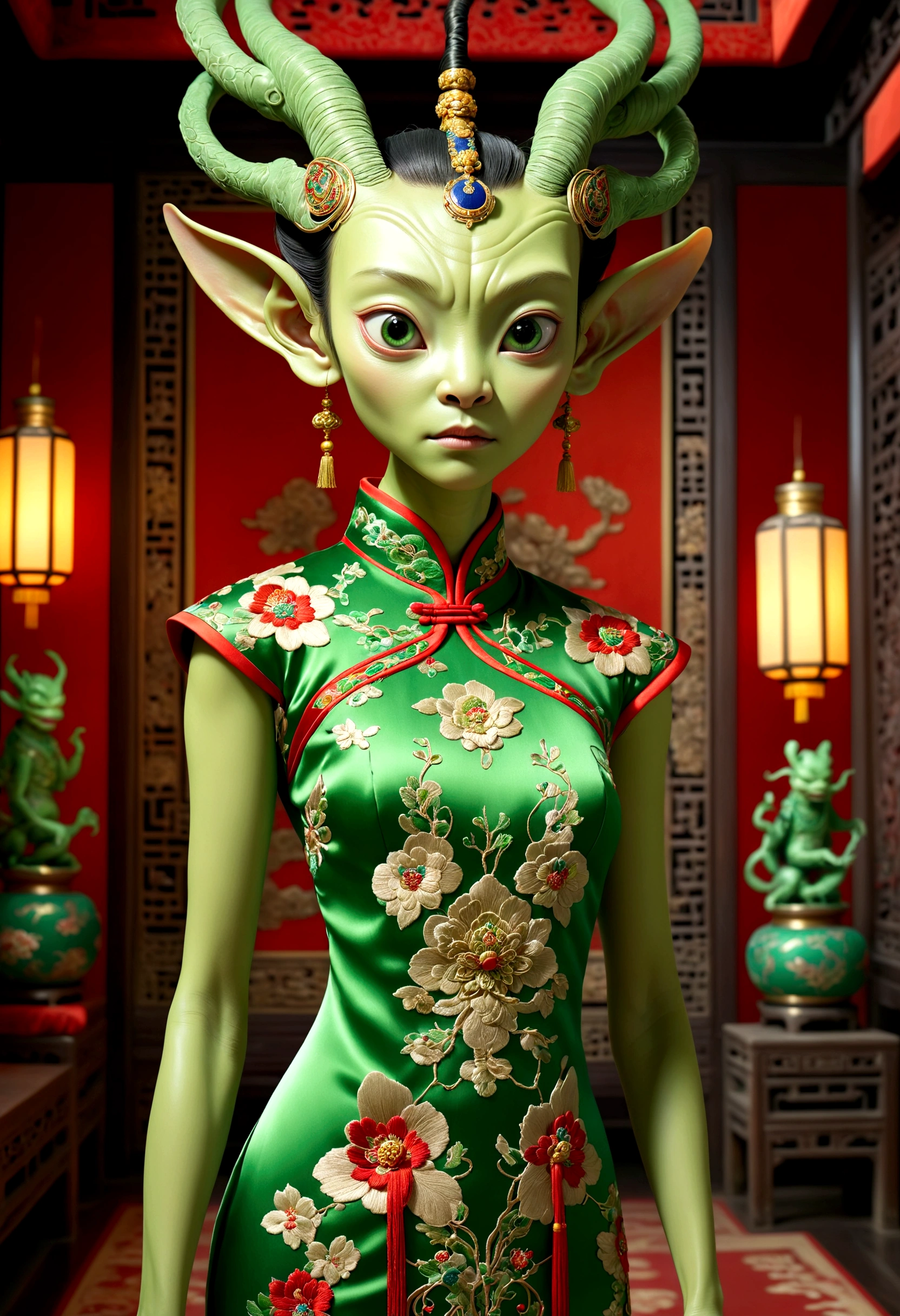 une créature extraterrestre,robe cheongsam complexe,chambre royale asiatique,peau verte,à peine humanoïde,extrêmement détaillé,Photoréaliste,ultra-détaillé,chef-d&#39;œuvre,8k,art primé,Éclairage dramatique,Décor orné,objets anciens,mobilier opulent,broderie en soie,architecture traditionnelle chinoise
