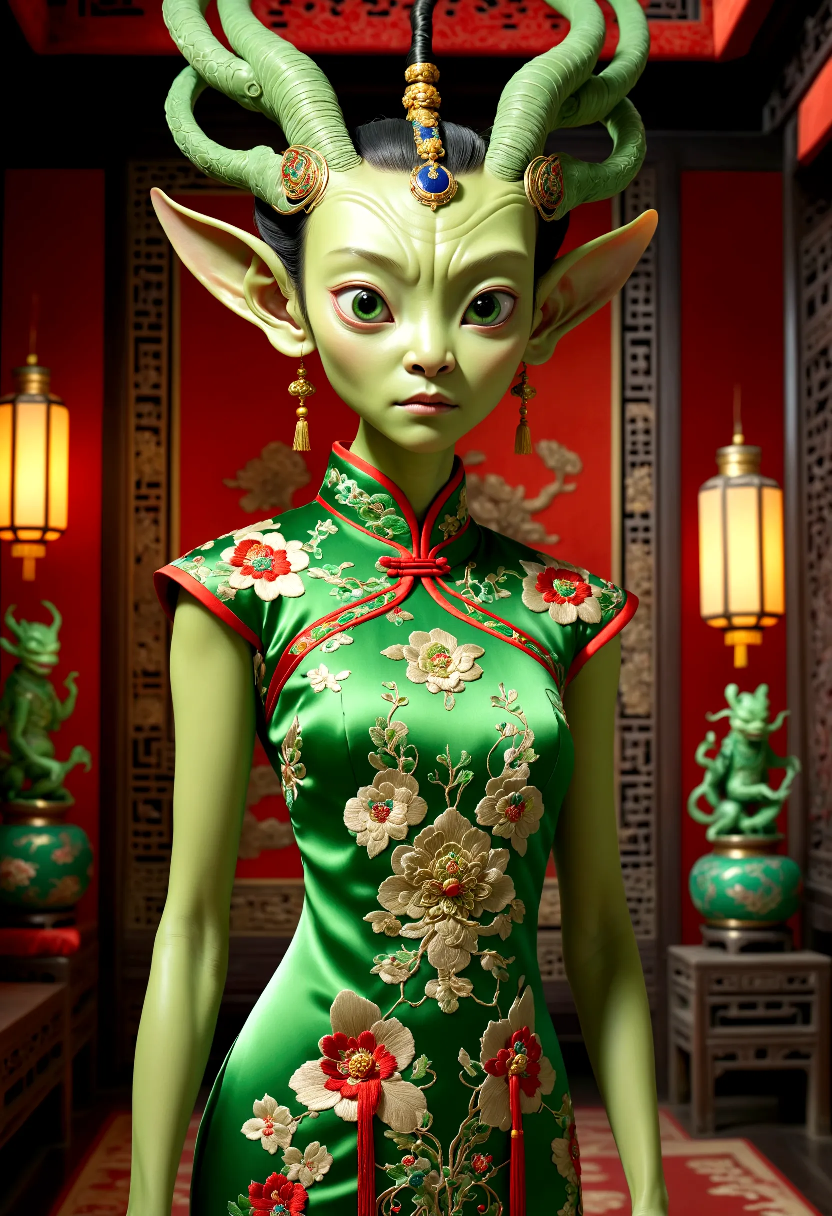 an alien creature,intricate cheongsam dress,asian royal room,green skin,barely humanoid,extremely detailed,photorealistic,ultra-...