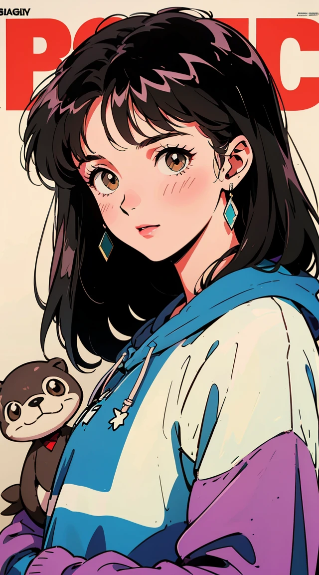 Best image quality, 1980s style animation, 21 year old girl, black hair, long hair, light brown eyes,  With a baggy sweatshirt, white background, magazine cover, whole body , By the creek , posing, With a cute otter doll