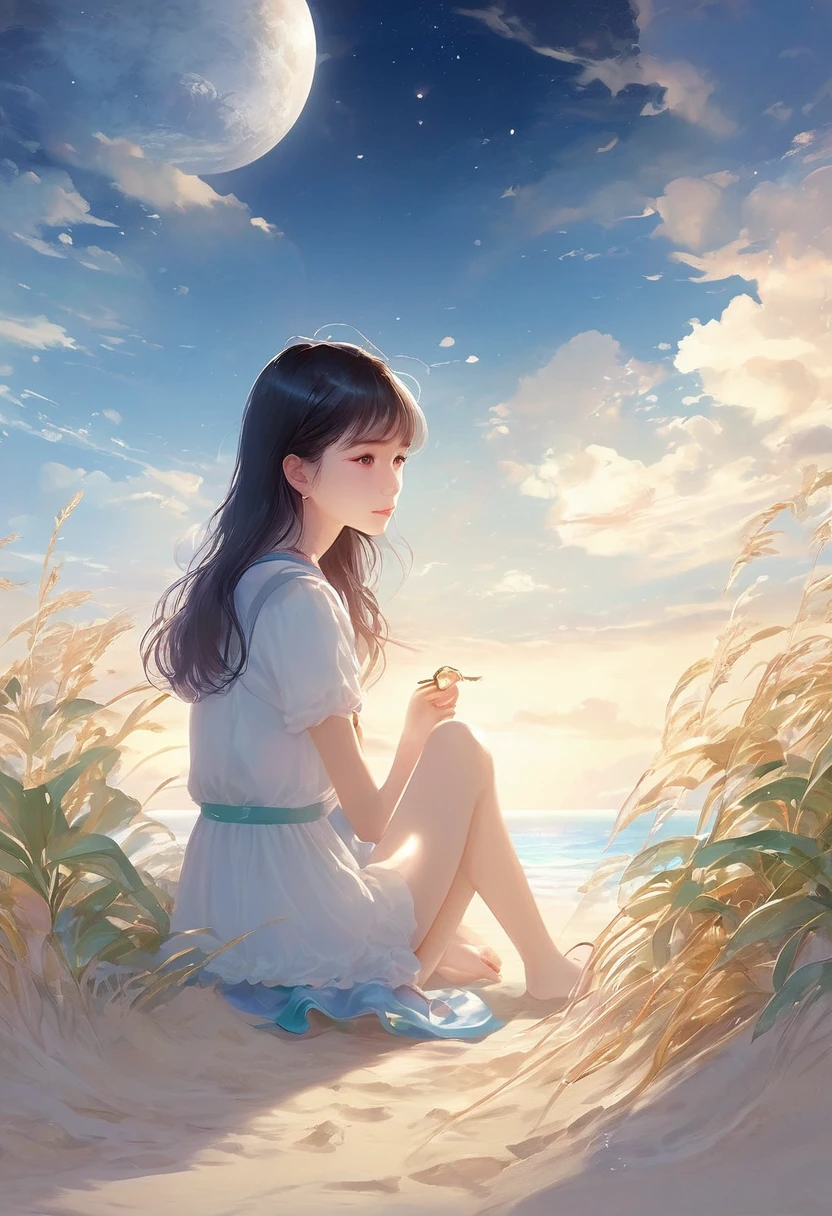 (A masterpiece of the highest quality:1.2)、A super detailed illustration，Perfectly shows the girl in the doomsday beach scenery。In the silence of the night、There is an atmosphere that is both sad and hopeful.。 that girl sits on the soft vegetation of the sandy beach、A figure can be seen in the cloudy sky。that girl&#39;Unspecified clothing.、Her figure、it&#39;Such exquisite rendering，So that every crease and texture is clearly visible.。Her hair fluttered in the wind、Low light in HDR landscapes
