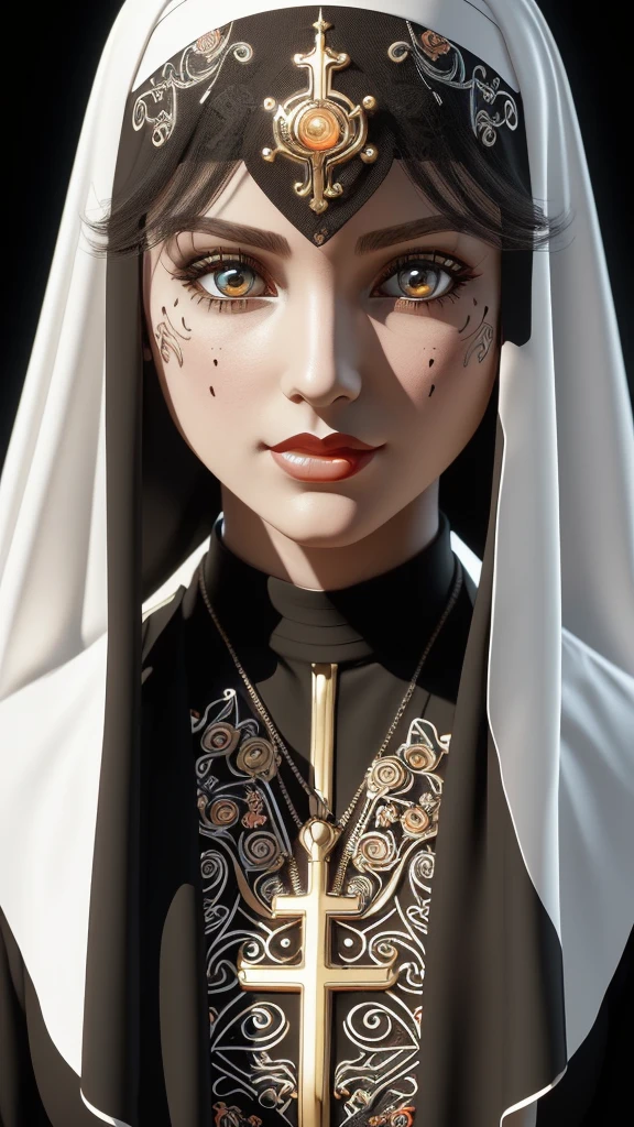 3d beautiful girl icon of (Woman, solo, house, cute, ((stunning background)), intricate, high detail, 8k, loose hair, (fascinset art style:1.3)), anime hyperrealistic 3d, cel shaded, painterly style, digital art, masterpiece, night scene, orange glowing tattoos on face, evil nun, causual new generation stylish nun