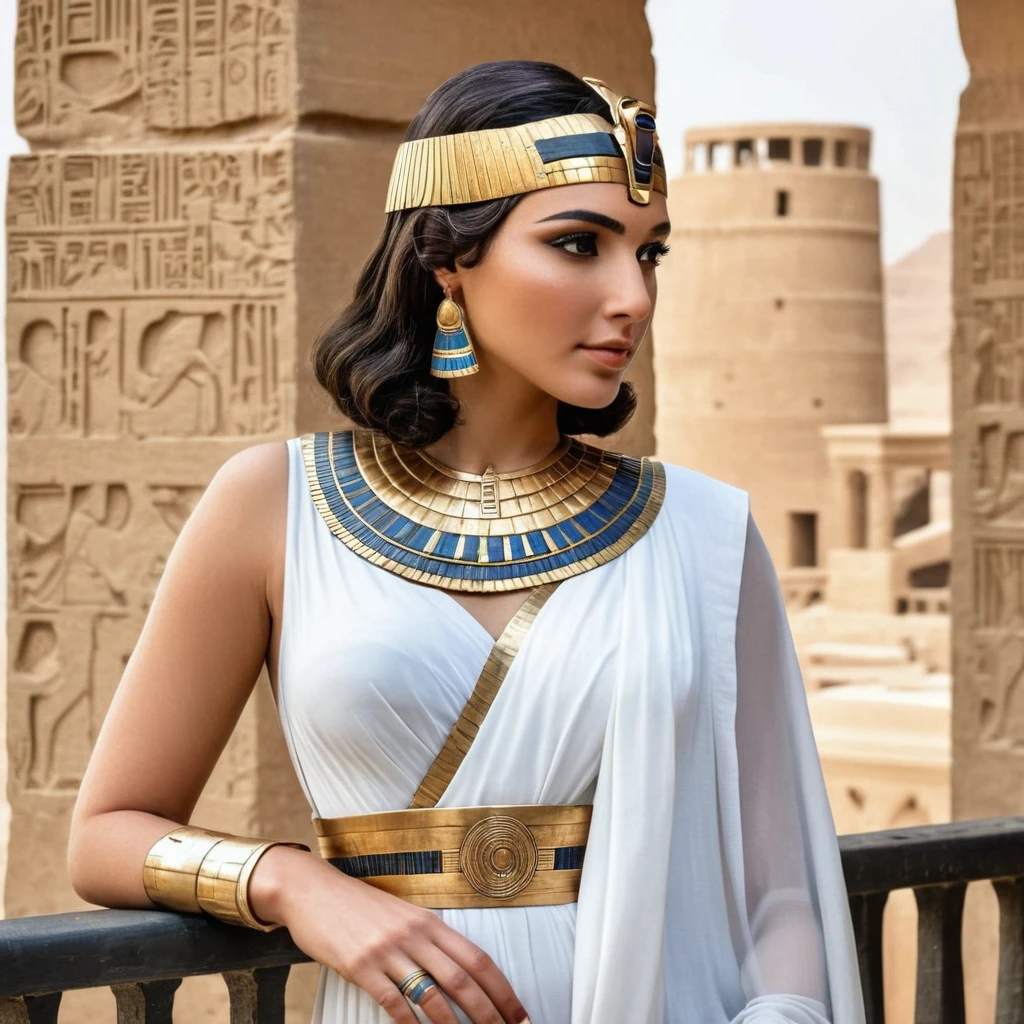 Standing on a balcony overlooking the river、Arabian woman wearing dress and headpiece, beautiful Cleopatra, Egyptian princess, Beautiful Fantasy Empress, Cleopatra in her palace, Cleopatra portrait, Ancient Princess Liv, Egyptian style, Egyptian, ((Beautiful Fantasy Empress)), Cleopatra, Beautiful Goddess, portrait of Cleopatra, android girl in Egyptian ruins, Hmm、Carol in the back