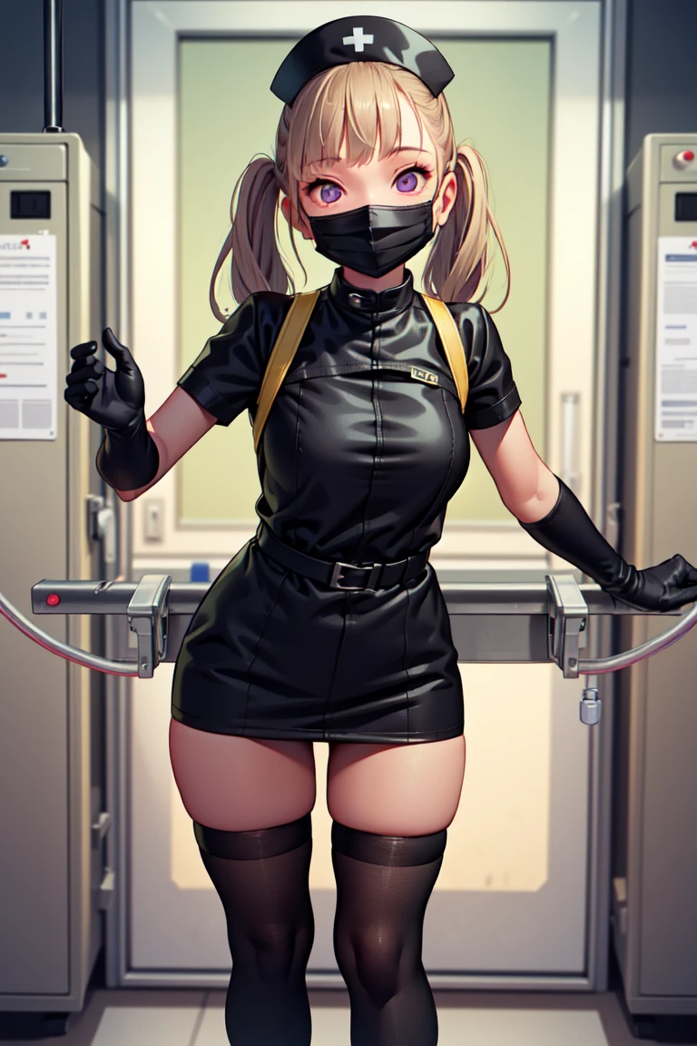 black nurse, 1girl, solo, black nurse cap, black nurse uniform, ((black legwear, zettai ryouiki)), black elbow gloves, twintails, yellow hair, purple eyes, ((black surgical mask, covered nose)), standing, ((surgery room)), sharp outline, short sleeves, best quality, masterpiece