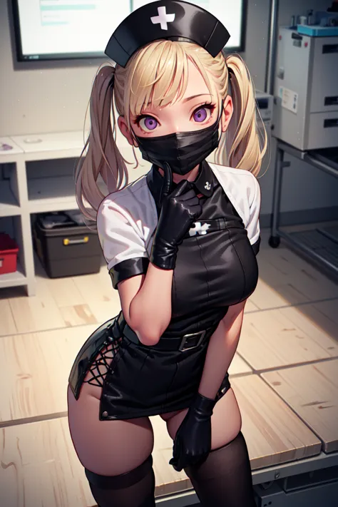 black nurse, 1girl, solo, black nurse cap, black nurse uniform, ((black legwear, zettai ryouiki)), black elbow gloves, twintails...