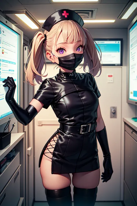 black nurse, 1girl, solo, black nurse cap, black nurse uniform, ((black legwear, zettai ryouiki)), black elbow gloves, twintails...