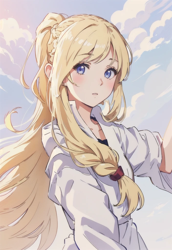 front side hair, braided hair front, front side ponytail, No back ponytail, anime shadow, Flat anime-style shadows, Semi-realistic anime style, anime long hair girl, Drawn in an anime artist studio, White clothing, blonde, White skin, Soft anime illustration, Detailed facial details, Clear anime silhouette, Anime girl portrait profile, Detailed anime soft face