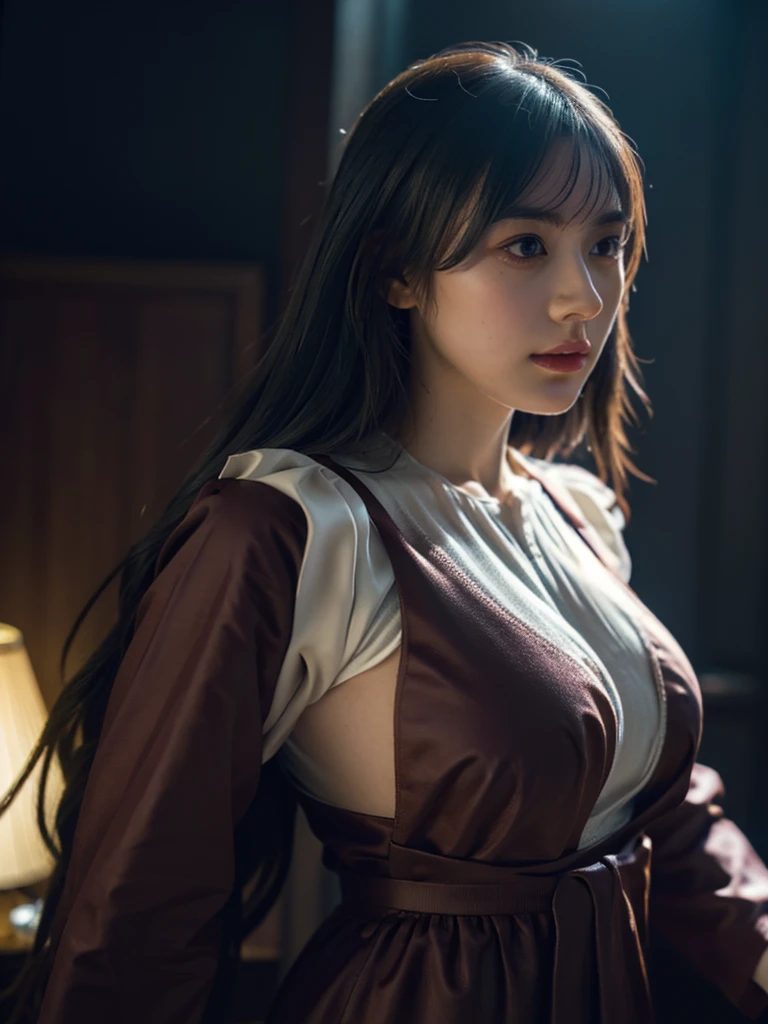 1girl, woman, masterpiece, best quality, highest quality, cinematic lighting, (volumetric lighting), extremely detailed CG unity 8k wallpaper, focused, 8k wallpaper, extremely detailed, ultra realistic, photorealistic, sharp focus, absurdres, (HDR:1.2), (high contrast), photograph, detailed and intricate, instagram, portrait, highly detailed, digital painting, artstation, concept art, smooth, sharp focus, illustration, cinematic lighting, (big breast:1.2), facing side