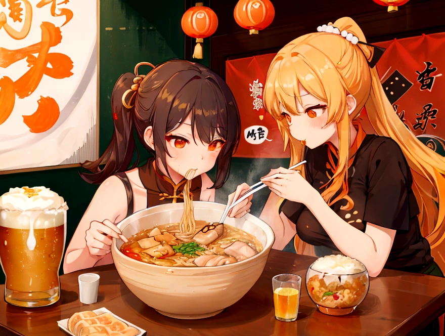 Une étudiante mignonne en sous-vêtements mange de la nourriture chinoise avec appétit、Gros seins et petits 、Soutien-gorge orange fin et mignon、Sous-vêtements orange fins et mignons、Grande portion de ramen salés, Plat de riz frit et gyoza、Bière dans une chope、