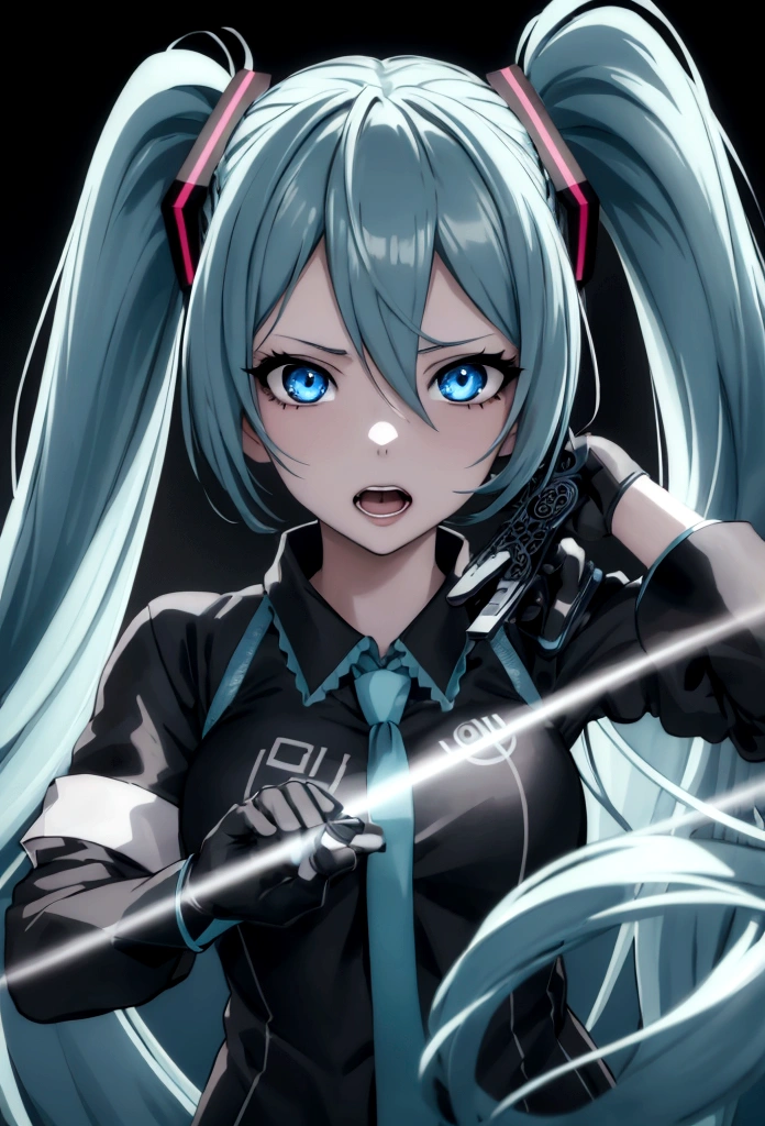 Hatsune Miku, 1girl, waist up, crazy intense gaze, gray background, no background, blue anime girl, detailed face, detailed eyes, detailed lips, long beautiful hair, intricate hairstyle, flowing hair, highly detailed, digital art, concept art, cinematic lighting, dramatic lighting, vibrant colors, neon colors, glowing, hyper realistic, photorealistic, 8k, best quality, masterpiece, crazy girl, crazy eyes, open mouth