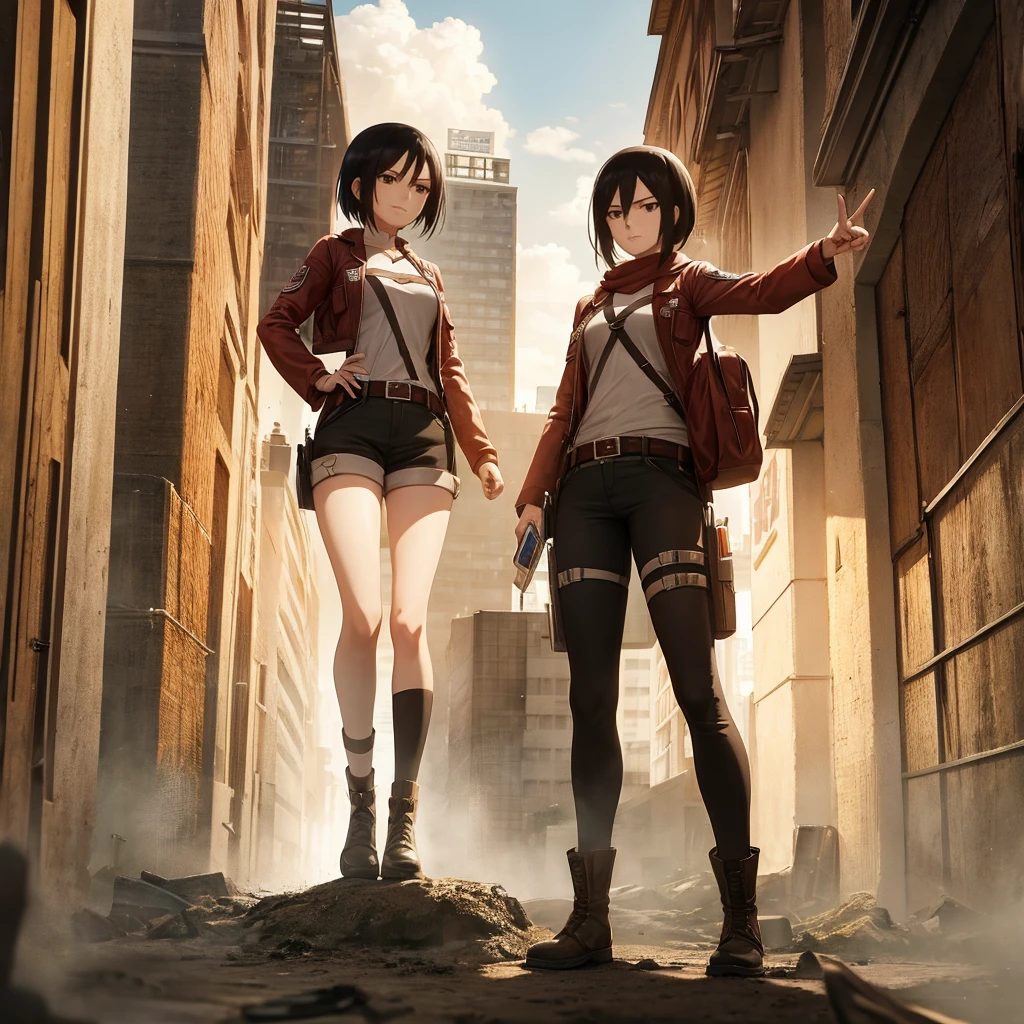 Your influencer character, standing next to Mikasa Ackerman from Attack on Titan. Both are making a victory sign. Detailed anime style with vibrant colors and dynamic perspective.