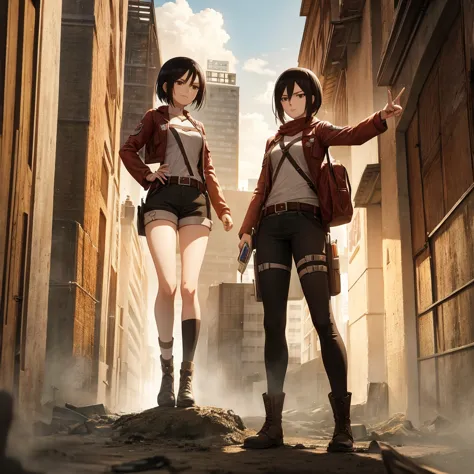 Your influencer character, standing next to Mikasa Ackerman from Attack on Titan. Both are making a victory sign. Detailed anime...