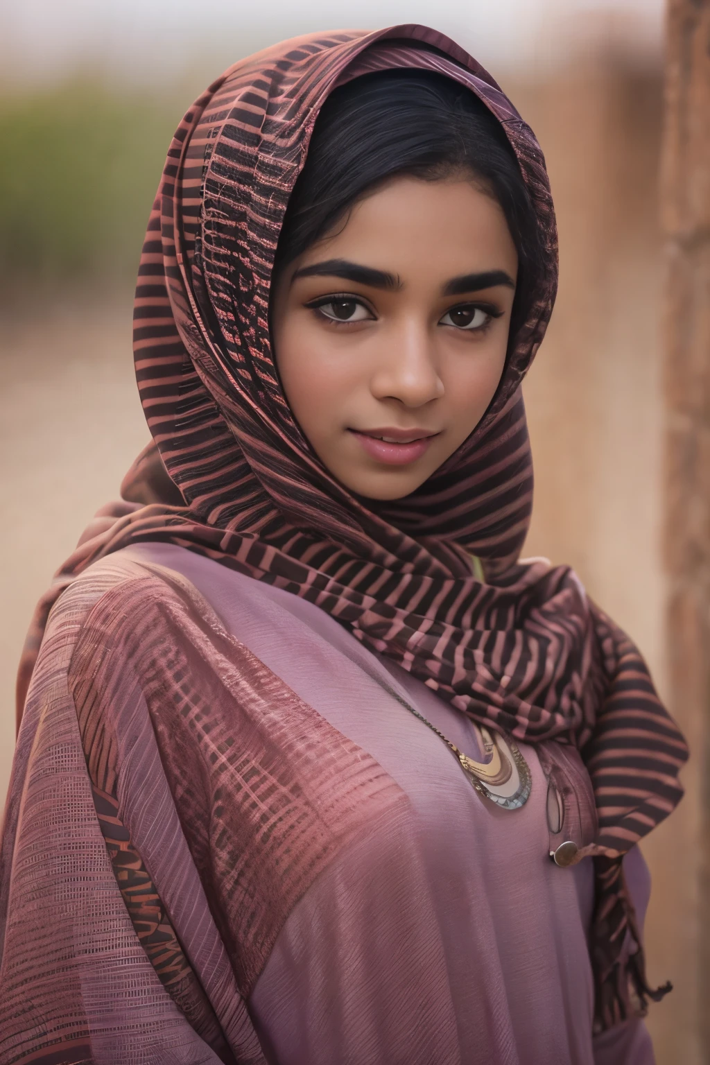 (Cute teen glamour model), gorgeous teen, ebony skinned arab, head and shoulders focus, youthful, young, teen, teenager, (looking at the camera), outdoor lighting, huge breasts, hijab, thin, skinny, dainty, delicate, no bra, dirty brown abaya dress, rags, torn clothes, dirty face