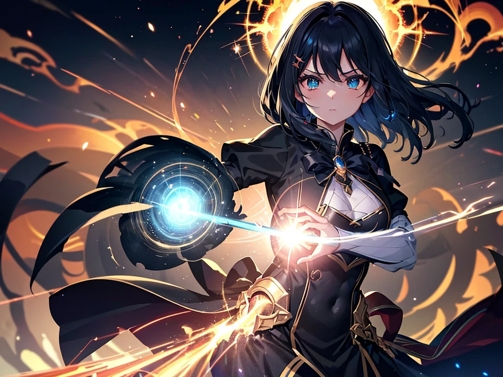 (Super detailed, Pixel perfect, High resolution, Highest quality, Beautifully drawn eyes in every detail), (whole body:0.8), 19 year old anime girl, 短いBlack Hair, Wavy Hair, Parted bangs, Black Hair, Gradient Hair Color, Flowing crimson hair dances like flames, Red flames swirl around her body. (transparent:0.7), Showing her overwhelming aura (dangerous and terrifying aura), dangerous, She has a magic wand, Activates a powerful explosive spell, Great magician, Green Eyes, Strong and heavy steel armor, Prestigious, realistic fire, The background is full of magical particles and realistic blue flames. Lens flare, Shining Light, reflected light, Motion Blur, 8K, Super detailed, Accurate, Highest quality, Ray Tracing.