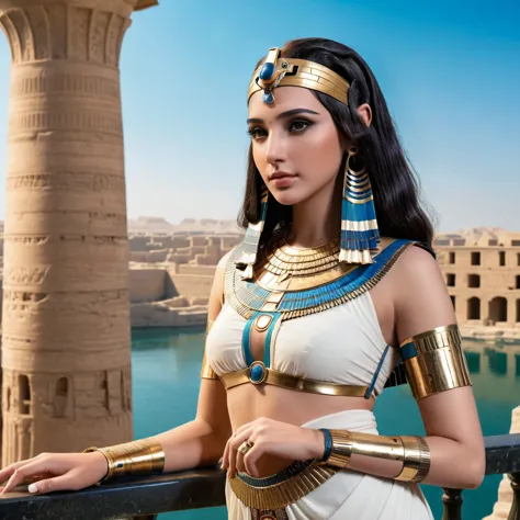 standing on a balcony overlooking the river、arabian woman wearing dress and headpiece, beautiful cleopatra, egyptian princess, b...