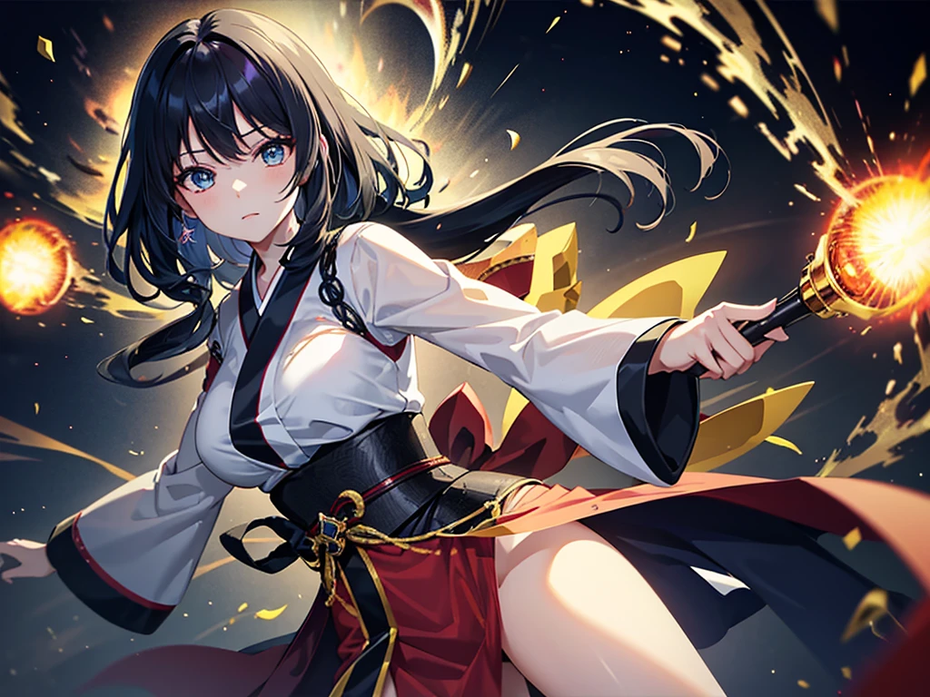 Super detailed, Pixel perfect, High resolution, Highest quality, Beautifully drawn eyes in every detail), (whole body:0.8), 19 year old anime girl, 短いBlack Hair, Wavy Hair, Parted bangs, Black Hair, Gradient Hair Color, Flowing crimson hair dances like flames, Red flames swirl around her body. (transparent:0.7), Her overwhelming aura in a kimono is on full display (dangerous and terrifying aura), dangerous, She has a magic wand, Activates a powerful explosive spell, Great magician, Green Eyes, Strong and heavy steel armor, Prestigious, realistic fire, The background is full of magical particles and realistic blue flames. Lens flare, Shining Light, reflected light, Motion Blur, 8K, Super detailed, Accurate, Highest quality, Ray Tracing.