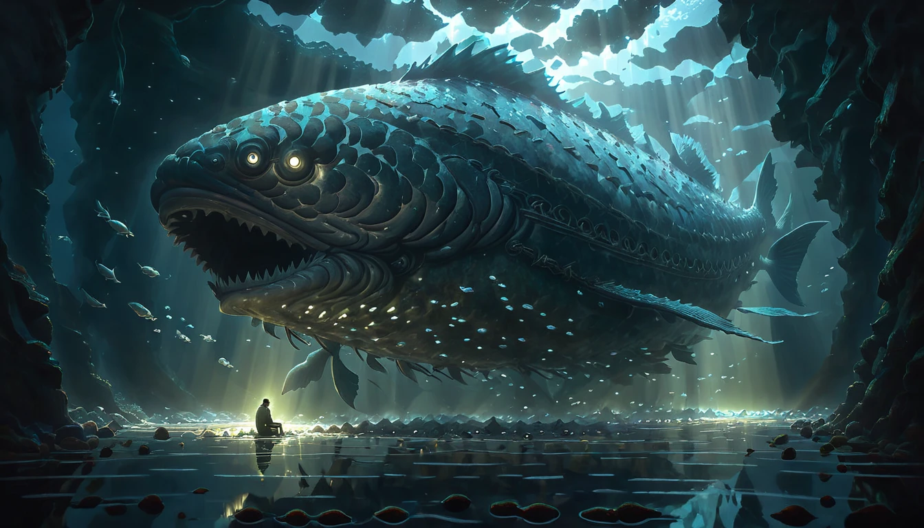  Inside the belly of the great fish, depicted as a dark, cavernous space with a dim, eerie light filtering through. The walls are textured and organic, with a slight glow from bioluminescent elements.
Subject: Jonah, alone and contemplative, sitting on the "floor" of the fish’s belly. He is surrounded by minimalistic elements like fish bones and remnants of seaweed, with a small amount of light creating a reflective mood. Jonah’s expression is a mix of fear, reflection, and repentance.
Atmosphere: Mysterious and reflective, with subdued lighting that creates a somber yet hopeful atmosphere, emphasizing Jonah’s isolation and time for introspection.
 
