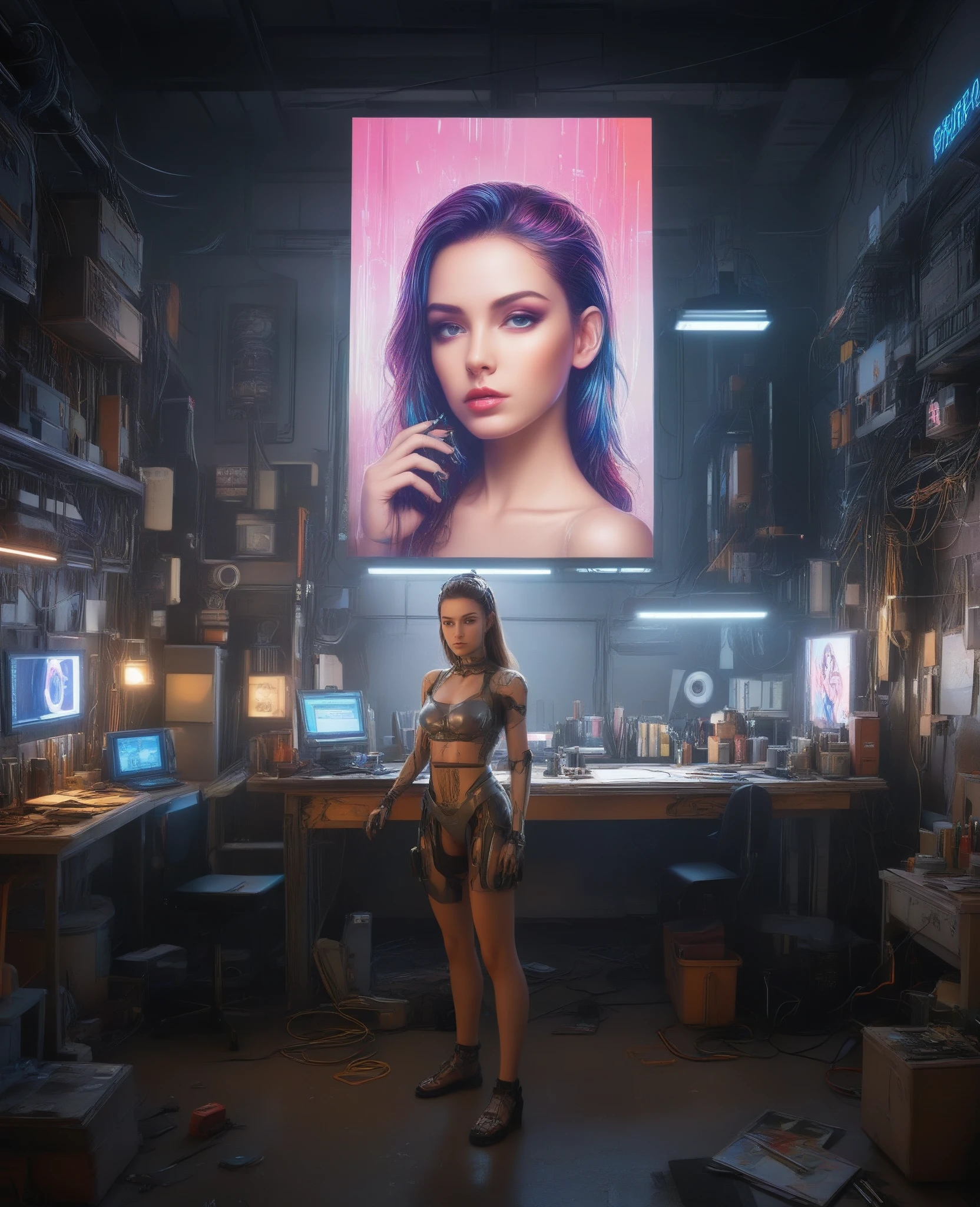 A cyborg girl stands in the center of a large bright studio and is engaged in creating her self-portrait on canvas. She is depicted in all her majestic beauty and elegance. Her metallic skin reflects the light, creating a play of hues and highlights like an expensive piece of jewelry. 
Her long metal hair frames her face, giving her a mysterious and alluring look. Her bright eyes, in which light shimmers, stare straight ahead with confidence and the strain of creative inspiration. 
The cyborg girl is depicted in a graceful pose, showing off her grace and strength as well as the fine workings of her mechanical limbs. Her hands hold brushes and are immersed in the creative process of creating a stunning work of art. 
The outline of the self-portrait she is creating with oil paints is already outlined on the canvas. The drawing begins to come to life under her dexterous fingers, gaining depth and volume, and the coating of color fills the canvas with bright hues and rich colors. 
This entire moment is captured in a gorgeous and amazing scenario that combines the beauty of art, power and technological advancement to make the cyborg girl a unique and inspiring image. beautiful shiny smooth, high quality, best quality, absurdres, masterpiece, beautiful, intricate details, 1/2 body crop, slim body, beautiful figure, magnificent anatomy, (intricate details:1.12), HDR, (intricate details, hyper-detailing:1.15), (natural skin textures, hyper realisitc, soft light, Sharp:1.2)