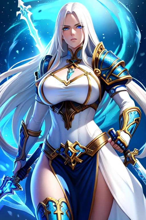 1girl, long white hair, blue eyes, ice, sword, fantasy, muscles, voluptuous, thirties, leather armor