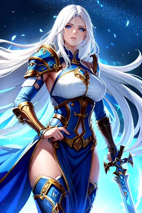 1girl, long white hair, blue eyes, ice, sword, fantasy, muscles, voluptuous, thirties, leather armor