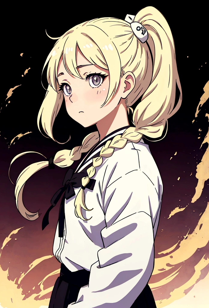 front side hair, braided hair front, front side ponytail, anime shadow, Flat anime-style shadows, Semi-realistic anime style, anime long hair girl, Drawn in an anime artist studio, White clothing, blonde, White skin, Soft anime illustration, Detailed facial details, Clear anime silhouette, Anime girl portrait profile, Detailed anime soft face, Positive face