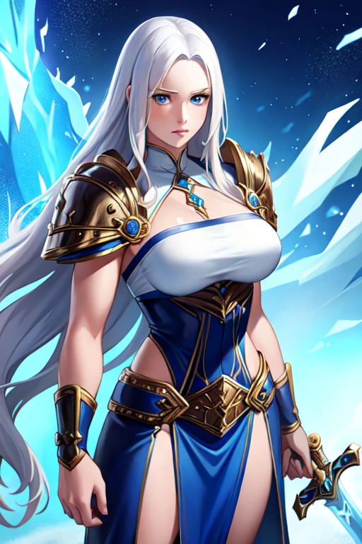 1girl, long wavy white hair, blue eyes, ice, sword, fantasy, muscles, voluptuous, thirties, leather armor