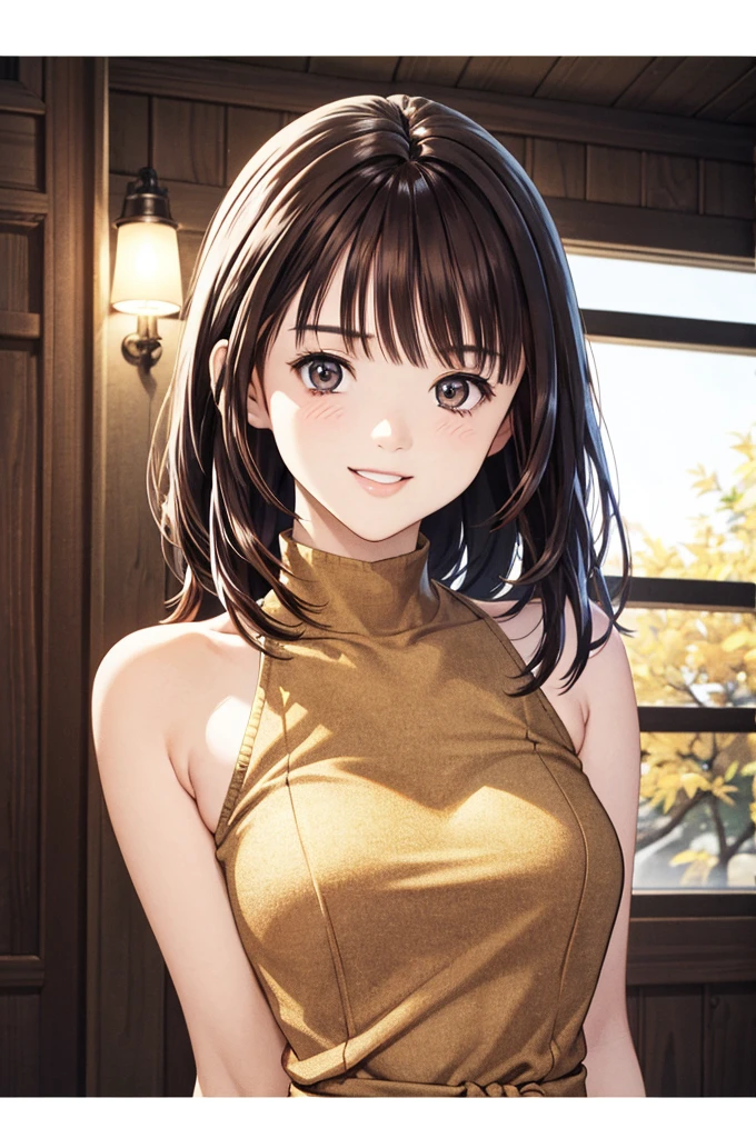 (8K、top-quality、​masterpiece:1.2)、(realisitic、ultra-detailliert、超A high resolution、1 girl、see the beholder、beautifull detailed face、A smile、Constriction、(Slim waist) :1.3)、Autumn clothes、Beautiful detailed skin、Skin Texture、Floating hair、Professional Lighting、Osaka、Black-rimmed square glasses、Whole human body、Brown hair