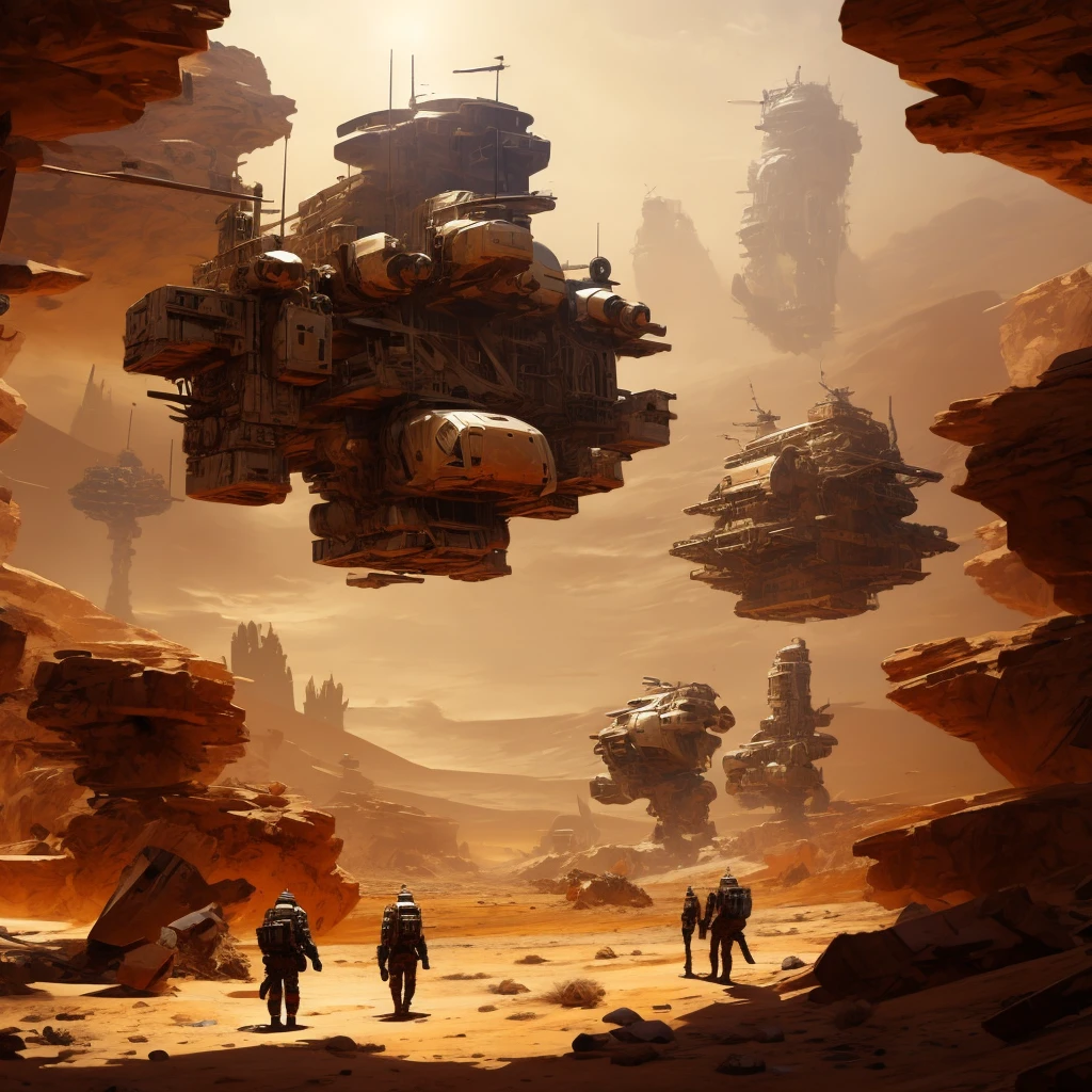 A POST-APOCALYPTIC DESERT WITH AN ABANDONED ROBOT, SHIPS FLYING AROUND IT
