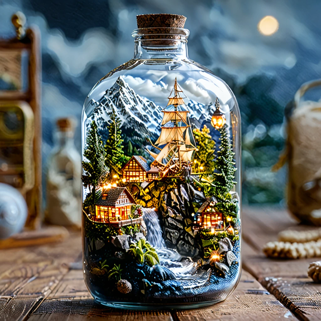 (masterpiece, top quality, best quality),(ultra-detailed, absolutely resolution),((16k, high res)), tilt-shift photography,(masterpiece, top quality, best quality),(ultra-detailed, absolutely resolution),((16k, high res)). (miniature in a glass bottle), (organic, glass-heavy home)), BREAK {(((cinematic look))), soothing tones, insane details, intricate details, hyperdetailed, low contrast, exposure blend, hdr, beautiful blue image, (hi contrast),Sony SLR.}