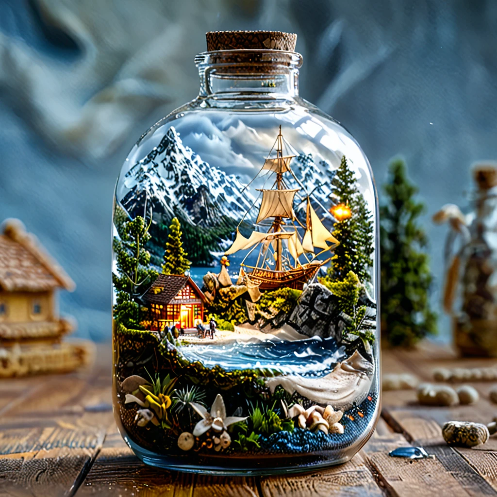 (masterpiece, top quality, best quality),(ultra-detailed, absolutely resolution),((16k, high res)), tilt-shift photography,(masterpiece, top quality, best quality),(ultra-detailed, absolutely resolution),((16k, high res)). (miniature in a glass bottle), (organic, glass-heavy home)), BREAK {(((cinematic look))), soothing tones, insane details, intricate details, hyperdetailed, low contrast, exposure blend, hdr, beautiful blue image, (hi contrast),Sony SLR.}