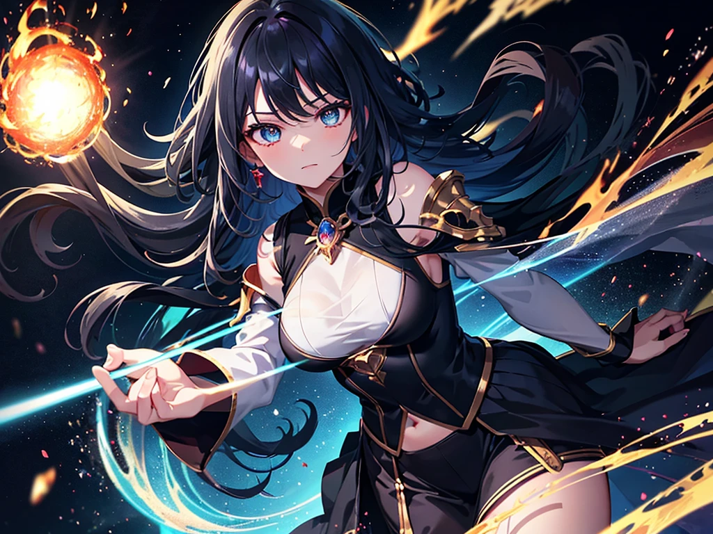 Super detailed, Pixel perfect, High resolution, Highest quality, Beautifully drawn eyes in every detail), (whole body:0.8), 19 year old anime girl, 短いBlack Hair, Wavy Hair, Parted bangs, Black Hair, Gradient Hair Color, Flowing crimson hair dances like flames, Red flames swirl around her body. (transparent:0.7), Showing her overwhelming aura (dangerous and terrifying aura), dangerous, She has a magic wand, Activates a powerful explosive spell, Great magician, Green Eyes, Strong and heavy steel armor, Prestigious, realistic fire, The background is full of magical particles and realistic blue flames. Lens flare, Shining Light, reflected light, Motion Blur, 8K, Super detailed, Accurate, Highest quality, Ray Tracing.
